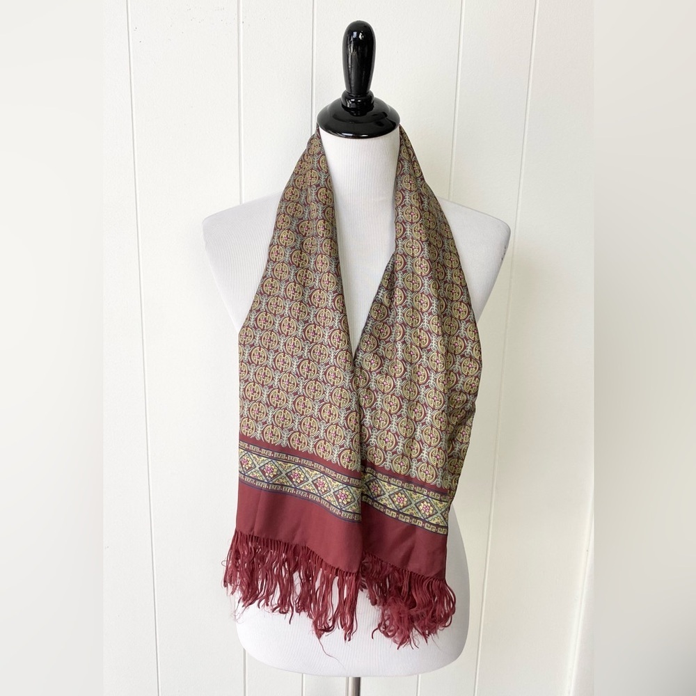 VTG 100% Silk Scarf Burgundy Yellow Pink Geo Rectangle Tassel Fringe 25” X 11 - Picture 2 of 12